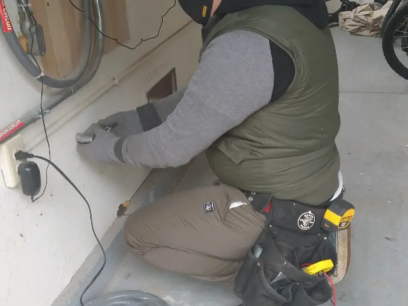 Electrician performing outlet wiring in a Parker garage